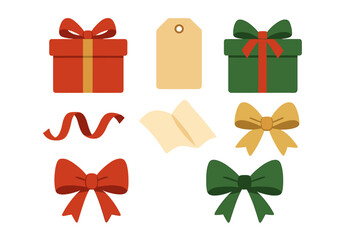Assortment of gift wrapping elements including boxes bows and blank tag