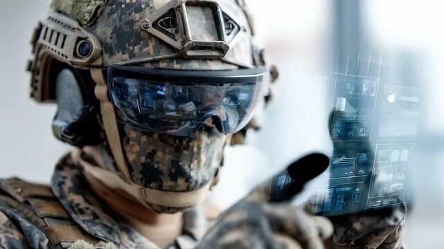 Advanced tactical soldier interacting with augmented reality interface for strategy analysis and