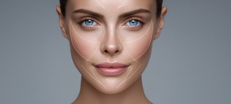 The female face with contour lines highlighting aesthetic facial mapping and skincare
