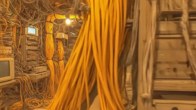 Tangled Tech: A Retro Computer Room Filled with Wires and Legacy Equipment