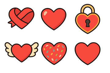 Six stylized red heart icons with diverse decorative embellishments