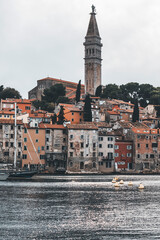 vertical view of the town and the small houses in rovinj, croatia, on a grey day