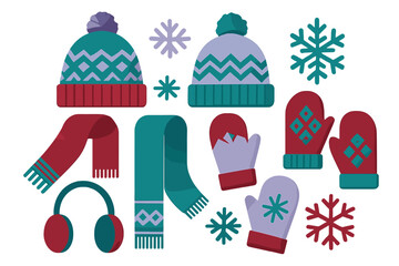 Colorful assortment of knit winter hats scarves mittens and earmuffs