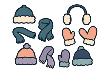 Assortment of colorful knitted winter hats scarves and mittens icons