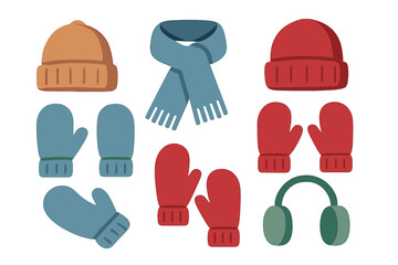 Colorful assortment of knit winter hats scarves mittens and earmuffs