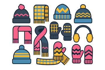 Collection of colorful knitted winter hats scarves mittens and earmuffs icons