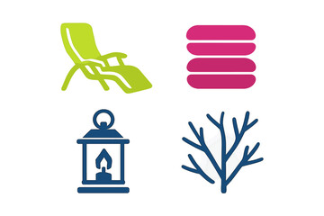 Set of four colorful vacation and nature icons including lounge chair and lantern