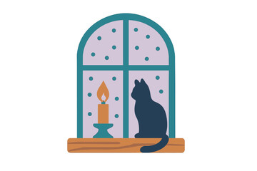 Black cat silhouette observing snowfall through arched window with warm candlelight