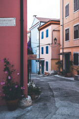 narrow street in the old town of montona in istria, croatia, with pastel coloured buildings 