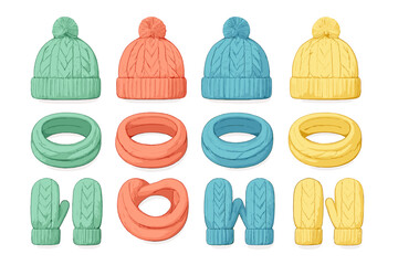 Collection of knitted winter hats scarves and mittens in various colors