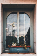 old window with flowers and reflections of the sunset on the glass