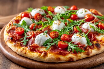 Italian pizza with fresh ingredients placed on a wooden board