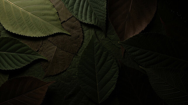 Textured natural green leaves in dramatic low key lighting