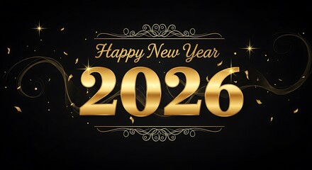 Elegant 2026 Happy New Year celebration with golden confetti and swirling lights