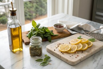 Olive oil, lemon, and basil on a marble countertop in a bright kitchen