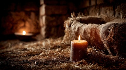 Candle glowing beside empty manger, symbol of love to come.