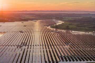 Photovoltaic panels at sunrise, a new solar energy source