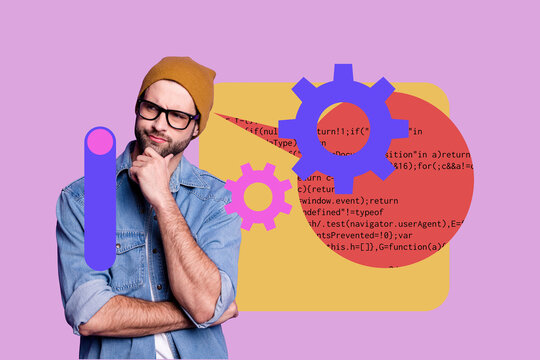 Collage of business man woman in front of abstract charts programming code symbolizing creative digital professions - Powered by Adobe