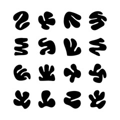 Unique black abstract shapes arranged in a grid pattern on a white background for creative inspiration and design use