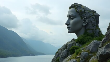 Majestic stone sculpture of a woman overlooking a serene fjord