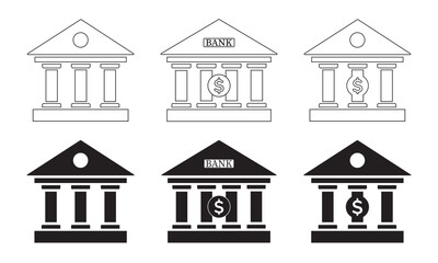 Bank building icon set- outline style and silhouette. vector illustration for bank, government building, courthouse and other institutions symbol. Classic sign for Roman style bank building (Isolated)
