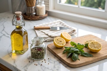 Olive oil, lemon, and basil on a marble countertop in a bright kitchen