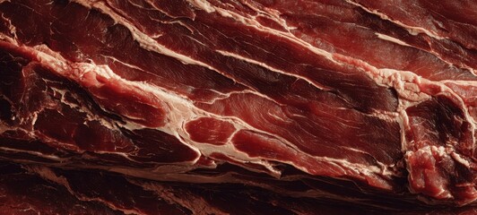 The Beef Close-Up Showing Raw Marbled Texture and Rich Red Color for Cooking
