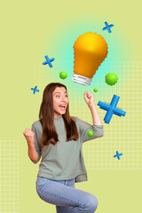 Sketch pop image sketch vertical collage of happy businessman businesswoman stand light bulb idea finding illumination power