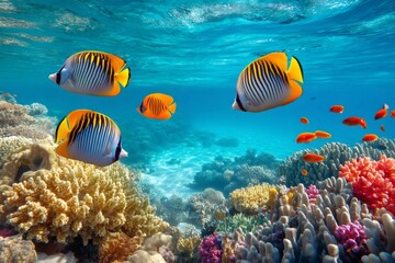 Tropical fish swimming among colorful coral reef