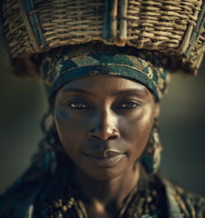 Zulu woman wearing a traditional basket hat
