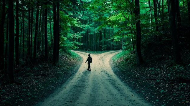 Navigating the Crossroads: A lone figure stands at a junction in the woods, contemplating the path ahead and the choices it presents. Evoking a sense of decision-making, destiny and introspection.