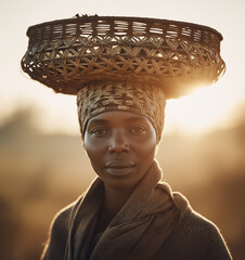 Zulu woman wearing a traditional basket hat
