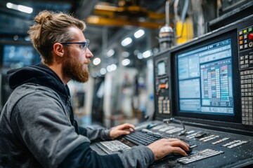Man working on industrial machine control panel