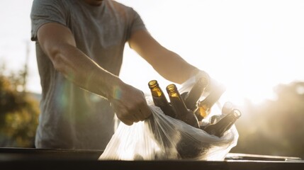 a man throwing a trash bag full of empty beer bottles into a bin, bright morning outdoor light, realistic lifestyle photo, focus on his hands