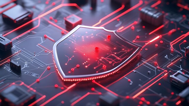 Macro closeup of an electronic computer circuit board or mainboard with a processor chip and digital components