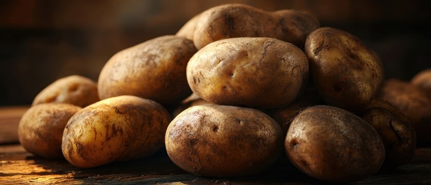 The potatoes piled on a rustic wooden table with warm natural low lighting