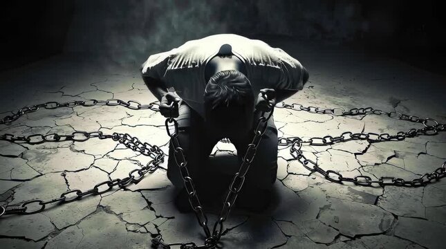 Entrapped: A solitary figure, burdened by the weight of metaphorical chains, hunches in a shadowy, desolate expanse. A visual depiction of struggle and confinement.