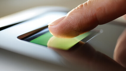 Close-up of a finger pressing a biometric fingerprint scanner with soft green light reflection, symbolizing security, digital identity, and modern technology in a minimal clean style
