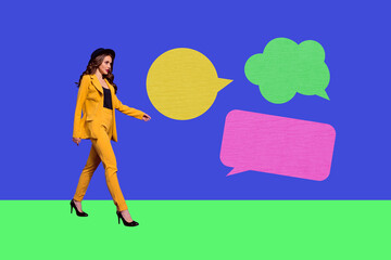 Creative collage showing people person with speech bubble representing fast internet communication blogging internet job work