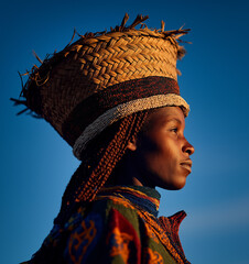Zulu woman wearing a traditional basket hat
