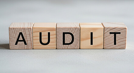Wooden blocks spelling "audit" represent financial review and compliance for business accountability and transparency in accounting practices
