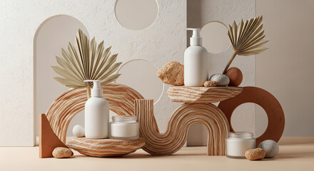 Elegant skincare bottles displayed with natural elements
