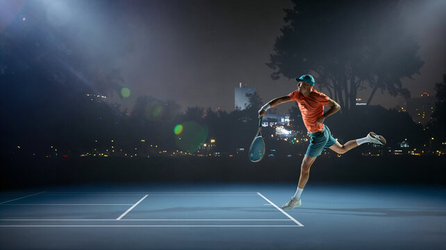 Collage with young European man, tennis player training alone at evening court over night city background. Concept of sporty and healthy lifestyle, motivation, discipline, and personal achievement