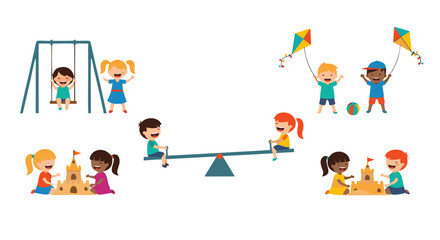 Children having fun playing with swings, kites, sandcastles, and on a seesaw in a park, illustrating joyful childhood activities and outdoor recreation