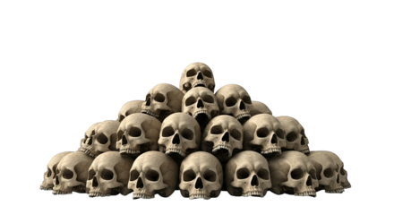 A pyramid structure formed by human skulls creates a macabre and haunting visual, conveying