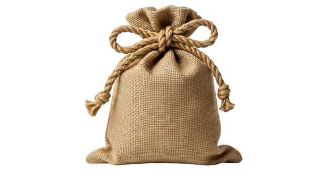 Isolated burlap sack tied with jute rope, creating a rustic and earthy, textured still life image.