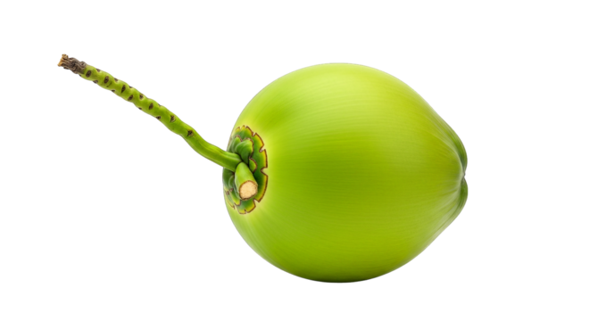 Isolated green coconut showing stem, presented on a transparent background with clean and natural