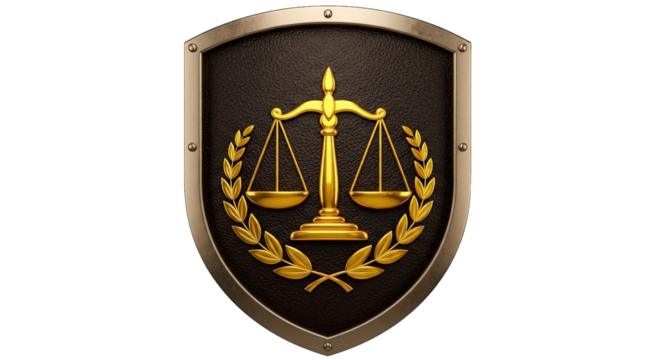 A golden scale of justice and laurel wreath are displayed upon a sturdy shield of law and