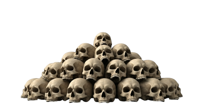 A pyramid structure formed by human skulls creates a macabre and haunting visual, conveying