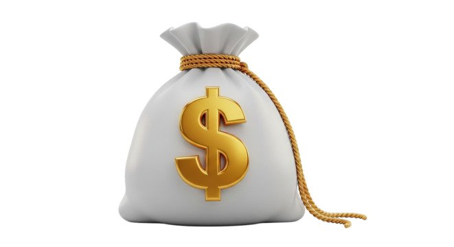 A soft white bag secured with golden rope displays a shiny gold dollar symbol rendered digitally